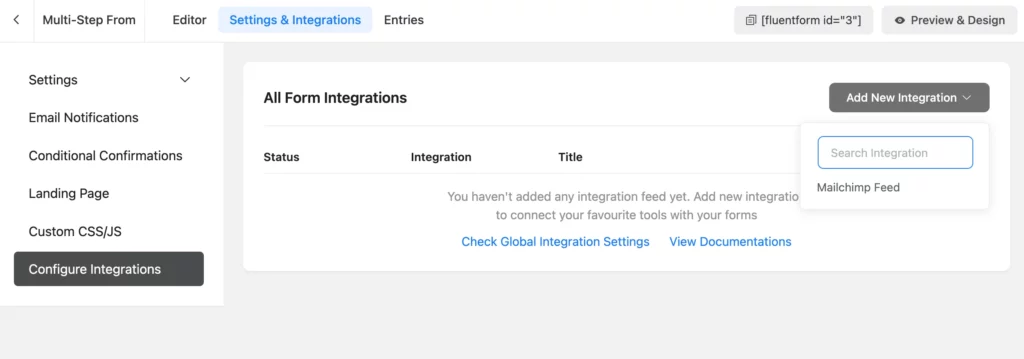 integrations of fluent forms' multi step form builder
